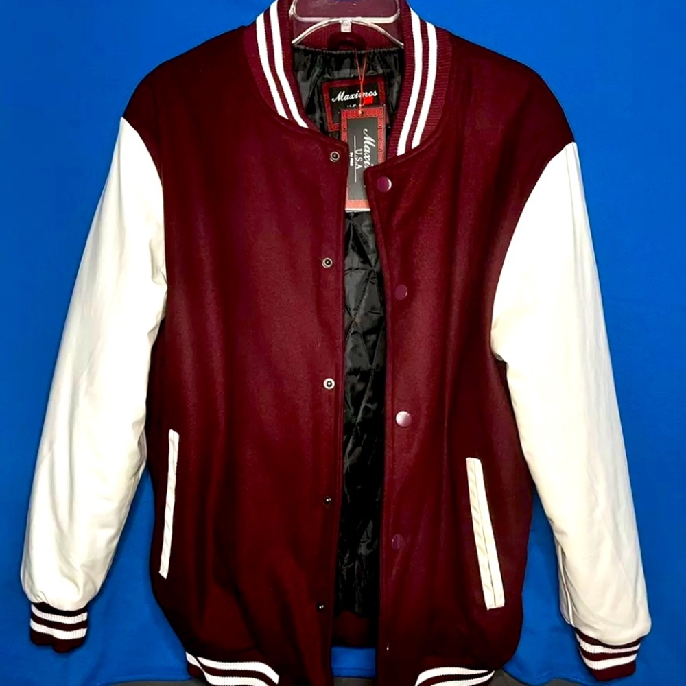 Classic Varsity Jacket Burgundy & White Mens